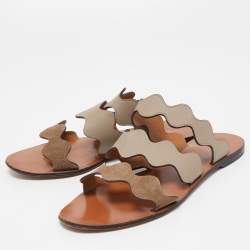 Chloe Grey  Leather and Suede Lauren Wavy Three Strap Flat Slides Size 37.5