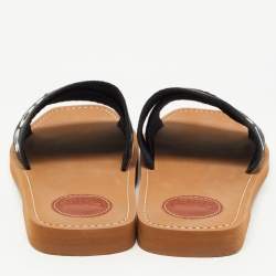 مملوكة مسبقًا Chloe Black Canvas Logo Ribbon Woody Flat  Slides Size 38 