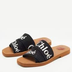 مملوكة مسبقًا Chloe Black Canvas Logo Ribbon Woody Flat  Slides Size 38 
