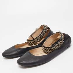 Pre Owned Chloe Black Leather Crystal Embellished Ankle Cuff Ballet Flats Size 40