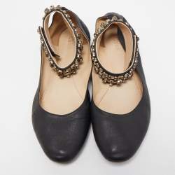 Pre Owned Chloe Black Leather Crystal Embellished Ankle Cuff Ballet Flats Size 40