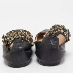 Pre Owned Chloe Black Leather Crystal Embellished Ankle Cuff Ballet Flats Size 40