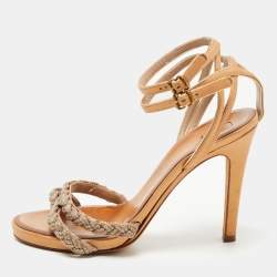 Pre Owned Chloe Brown/Gold Leather Embellished Ankle Strap Sandals Size 38.5