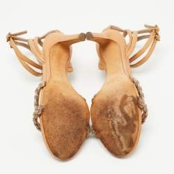 Pre Owned Chloe Brown/Gold Leather Embellished Ankle Strap Sandals Size 38.5