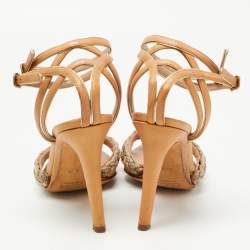 Pre Owned Chloe Brown/Gold Leather Embellished Ankle Strap Sandals Size 38.5