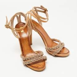 Pre Owned Chloe Brown/Gold Leather Embellished Ankle Strap Sandals Size 38.5