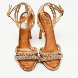 Pre Owned Chloe Brown/Gold Leather Embellished Ankle Strap Sandals Size 38.5