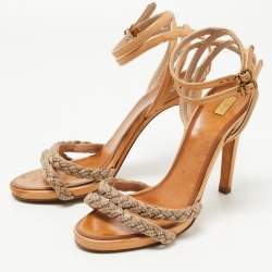 Pre Owned Chloe Brown/Gold Leather Embellished Ankle Strap Sandals Size 38.5