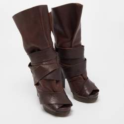 Pre Owned Chloe Brown Leather Ankle Wrap Ankle Boots Size 38.5