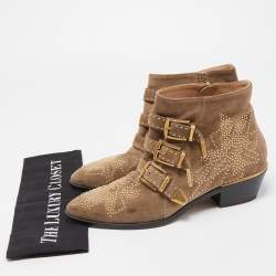 Pre Owned Chloe Brown Studded Suede Susanna Ankle Boots Size 38.5