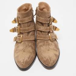 Pre Owned Chloe Brown Studded Suede Susanna Ankle Boots Size 38.5