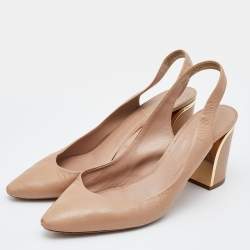 Chloe Beige Leather Block Heel Slingback Sandals Size 40