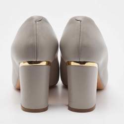 Pre Owned Chloe Grey Leather Block Heel Pumps Size 39.5