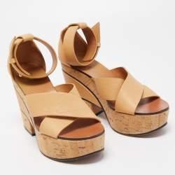 Pre Owned Chloe Tan Leather Cork Platform Ankle Strap Sandals Size 36