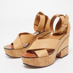 Pre Owned Chloe Tan Leather Cork Platform Ankle Strap Sandals Size 36