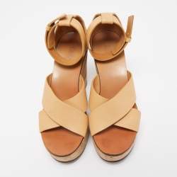 Pre Owned Chloe Tan Leather Cork Platform Ankle Strap Sandals Size 36