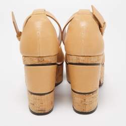 Pre Owned Chloe Tan Leather Cork Platform Ankle Strap Sandals Size 36