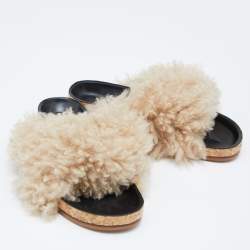 Pre Owned Chloe Beige/Black Shearling Flat Slides Size 38