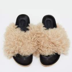 Pre Owned Chloe Beige/Black Shearling Flat Slides Size 38