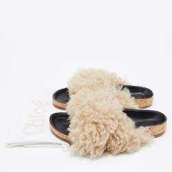 Pre Owned Chloe Beige/Black Shearling Flat Slides Size 38