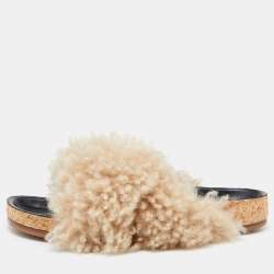 Pre Owned Chloe Beige/Black Shearling Flat Slides Size 38
