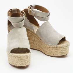 Chloe Grey Suede Scalloped Trim Lauren Ankle Wrap Espadrille Platform Wedge Sandals Size 39