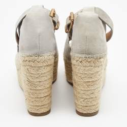 Chloe Grey Suede Scalloped Trim Lauren Ankle Wrap Espadrille Platform Wedge Sandals Size 39