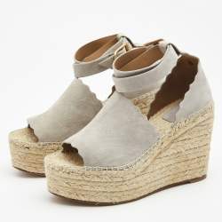 Chloe Grey Suede Scalloped Trim Lauren Ankle Wrap Espadrille Platform Wedge Sandals Size 39