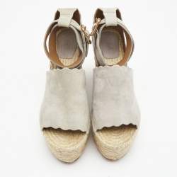 Chloe Grey Suede Scalloped Trim Lauren Ankle Wrap Espadrille Platform Wedge Sandals Size 39