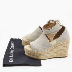 Chloe Grey Suede Scalloped Trim Lauren Ankle Wrap Espadrille Platform Wedge Sandals Size 39