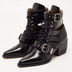 Pre Owned Chloe Black Leather Rylee Buckle Detail Ankle Boots Size 39