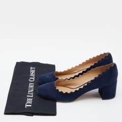 Pre Owned  Chloe Blue Suede Laurena Scalloped Block Heel Pumps Size 39