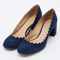 Pre Owned  Chloe Blue Suede Laurena Scalloped Block Heel Pumps Size 39