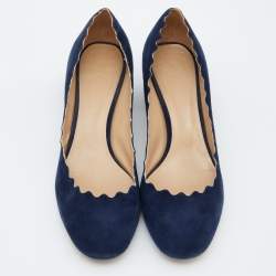Pre Owned  Chloe Blue Suede Laurena Scalloped Block Heel Pumps Size 39