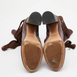 Pre Owned Chloe Burgundy Leather Lace Up Mid Calf Boots Size 40.5