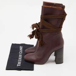 Pre Owned Chloe Burgundy Leather Lace Up Mid Calf Boots Size 40.5