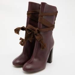 Pre Owned Chloe Burgundy Leather Lace Up Mid Calf Boots Size 40.5
