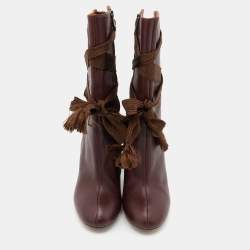 Pre Owned Chloe Burgundy Leather Lace Up Mid Calf Boots Size 40.5