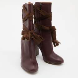 Pre Owned Chloe Burgundy Leather Lace Up Mid Calf Boots Size 40.5