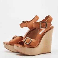 Pre Owned Chloe Tan Leather Wedge Platform Ankle Strap Sandals Size 37.5