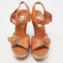 Pre Owned Chloe Tan Leather Wedge Platform Ankle Strap Sandals Size 37.5