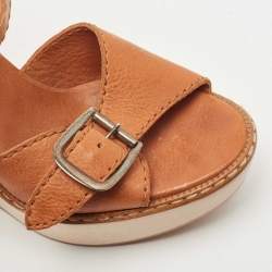 Pre Owned Chloe Tan Leather Wedge Platform Ankle Strap Sandals Size 37.5