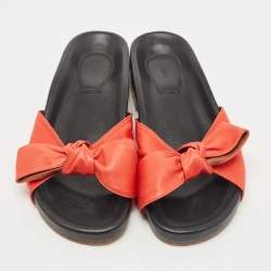 Pre Owned Chloé Red Leather Emily Knotted Bow Detail Flat Slides Size 39