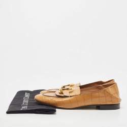 Chloe Tan Croc Embossed Leather C Logo Loafers Size 40