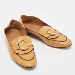 Chloe Tan Croc Embossed Leather C Logo Loafers Size 40