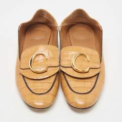 Chloe Tan Croc Embossed Leather C Logo Loafers Size 40