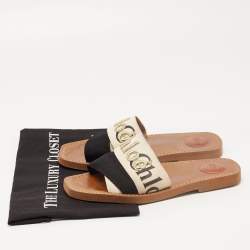 Chloe Beige/Black Canvas Embroidered Logo Woody Flat Slides Size 39