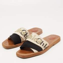 Chloe Beige/Black Canvas Embroidered Logo Woody Flat Slides Size 39