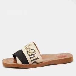 Chloe Beige/Black Canvas Embroidered Logo Woody Flat Slides Size 39