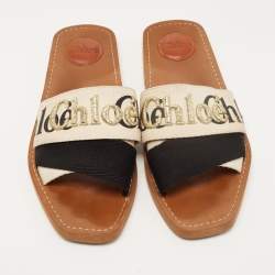Chloe Beige/Black Canvas Embroidered Logo Woody Flat Slides Size 39